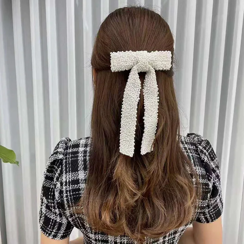 Szkło zdobiony paciorkami diamentowymi pełnymi perłami Hairclip łuki wstążka Barrette kokardka dziewczęca spinki ślubne akcesoria do włosów spinki do włosów damskie