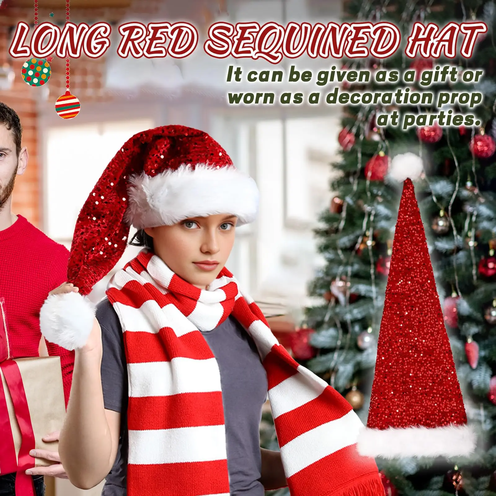 Lange Weihnachtsmannmütze mit Handschuhen, extra Pailletten, Weihnachtsmannmütze mit langem Schwanz für Erwachsene und Frauen, ausgefallene Weihnachtsparty-Requisiten