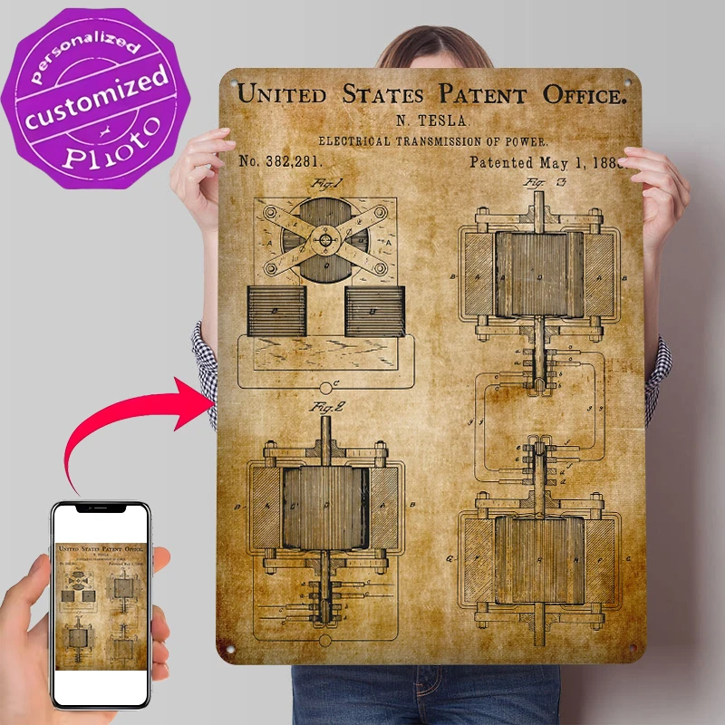 Tesla Power Transmitter 1888 Patent Printed Poster Customized Wall Art Retro Vintage Metal Tin Signs for Decoration Living Room