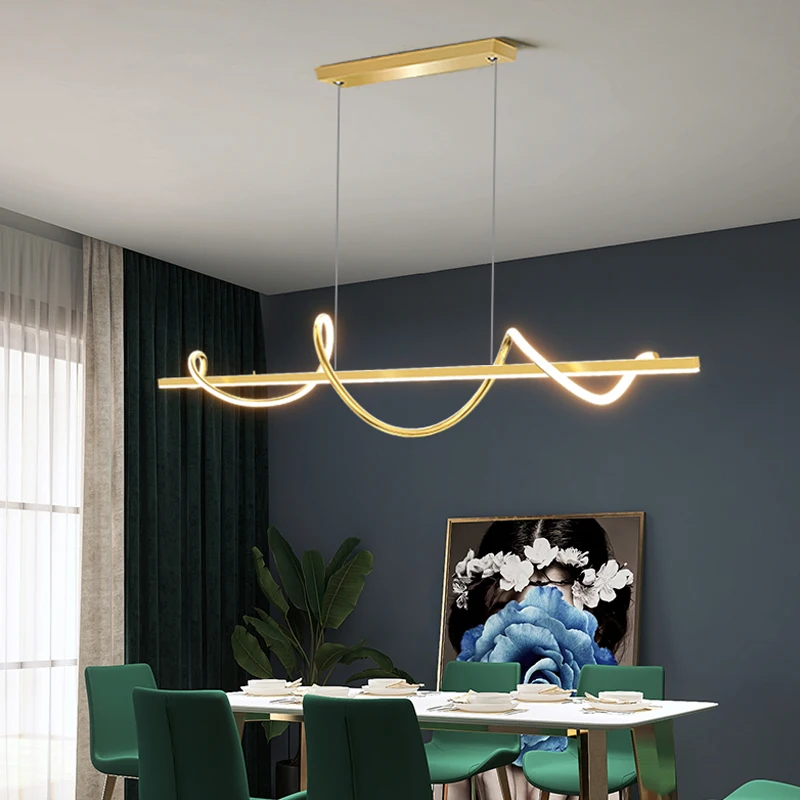 Modern Long Rotate LED Pendant Lamp with Remote Control Gold for Dining Room Kitchen Coffee Table Home Decor Lighting Fixture