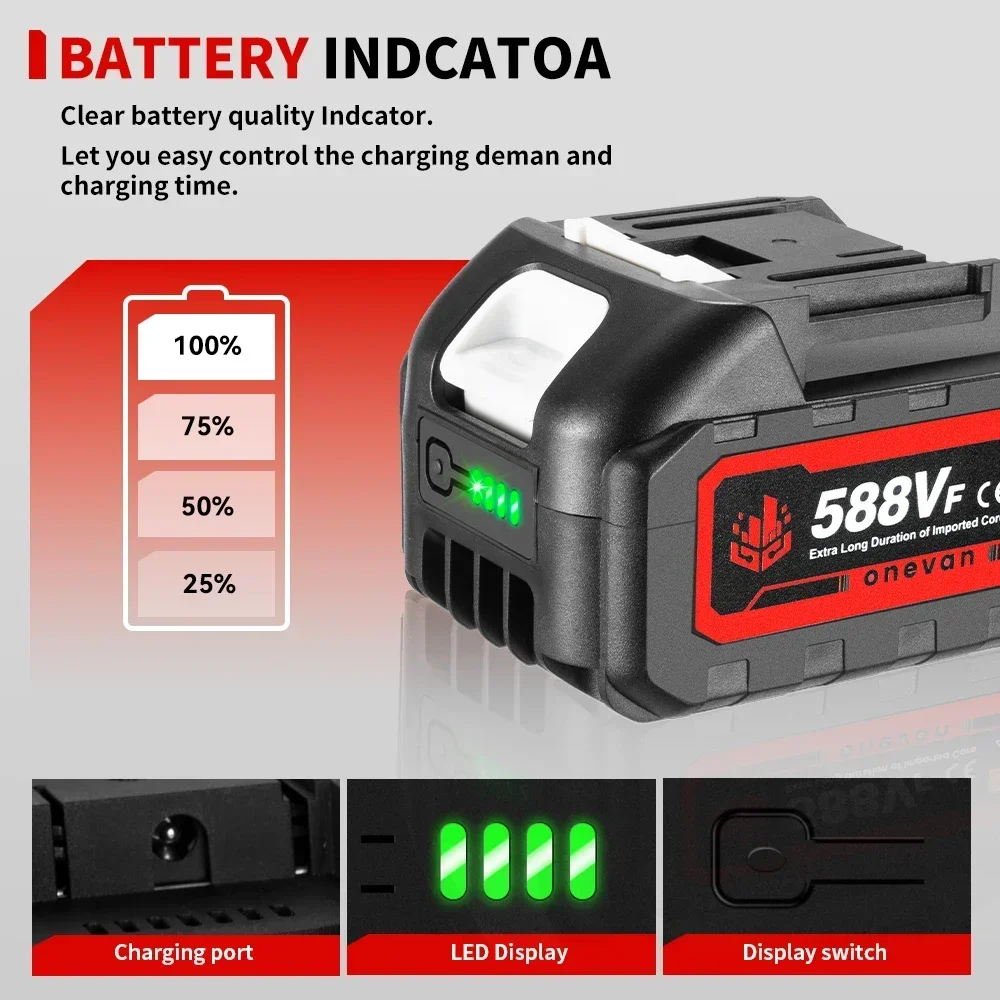 Batteria ONEVAN 20V 3000mAh Con Caricabatterie Rapido E Ventola – 2 Pezzi, Indicatore LED E 6 Sistemi Di Sicurezza