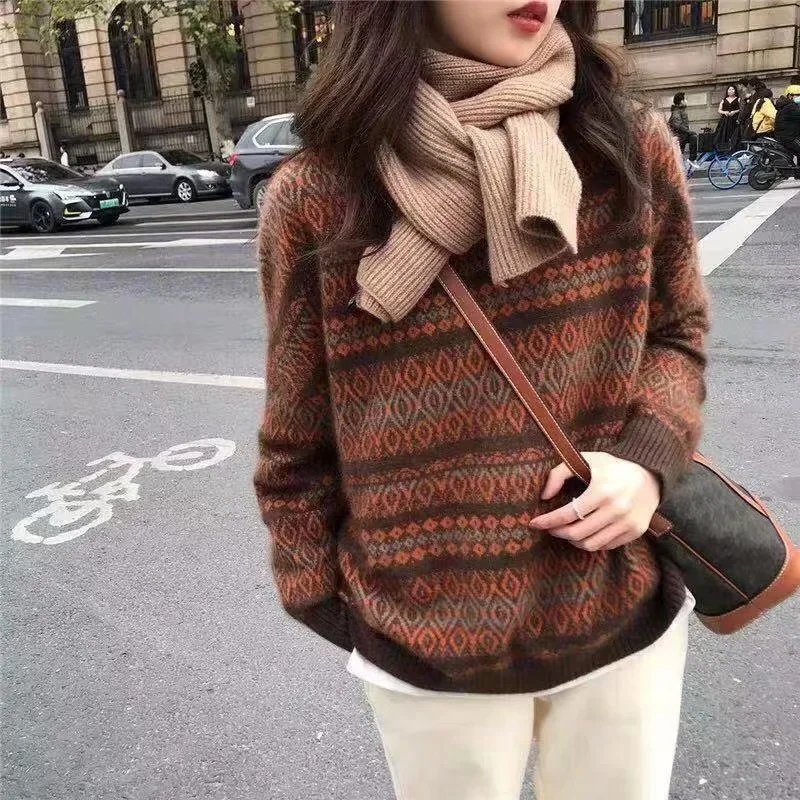 Horizontal Strip with Jacquard Sweater Women's New Winter Korean Version of Fashion Bright Silk Loose Plus Fat Striped Y2k