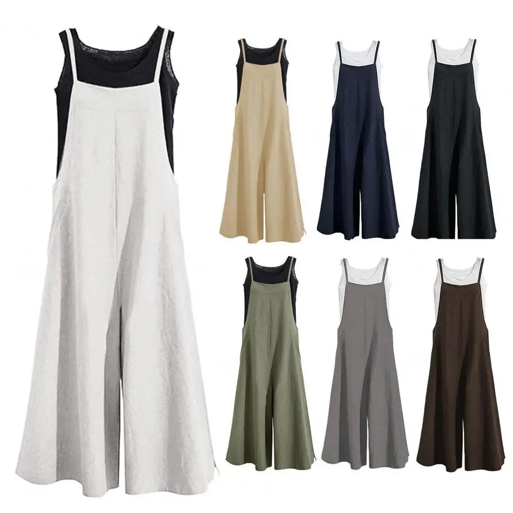 Summer Romper Solid Color Baggy Casual Simple Backless Oversized Square Neck Adjustable Shoulder Strap Wide Leg Summer Jumpsuit