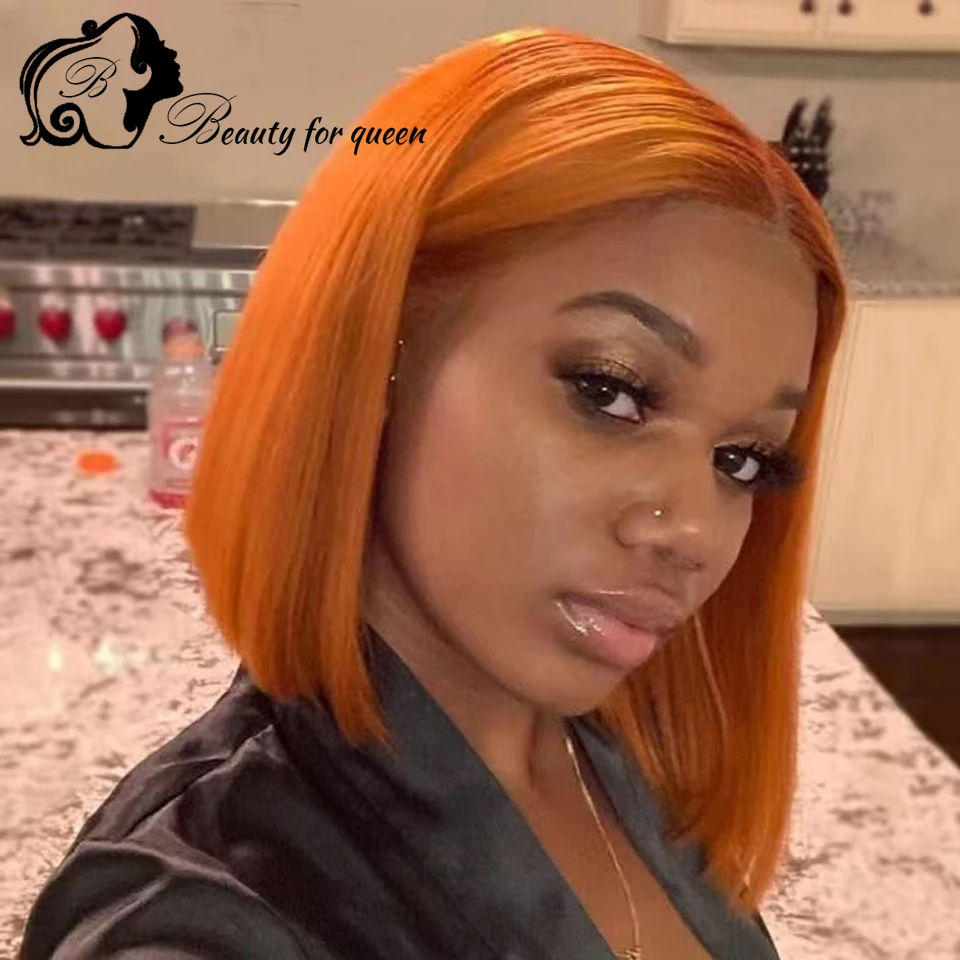 

High Quality Ginger Orange Straight Short Bob Brazilian Colored Human Hair Wig Transparent Lace Frontal Wigs Cosplay For Women