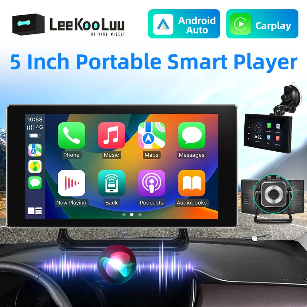 

LeeKooLuu 5" Portable Smart Car Multimedia Video Player Apple CarPlay Android Auto Pedestrian Detection 4K Camera Voice Control