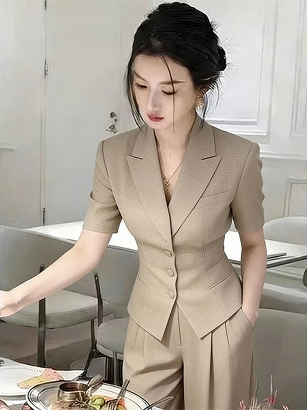 

Elegant Slimming Short Sleeve Suit Set for Women High Waist Straight Leg Pants Two Piece Set Unique Beautiful Summer Fashion