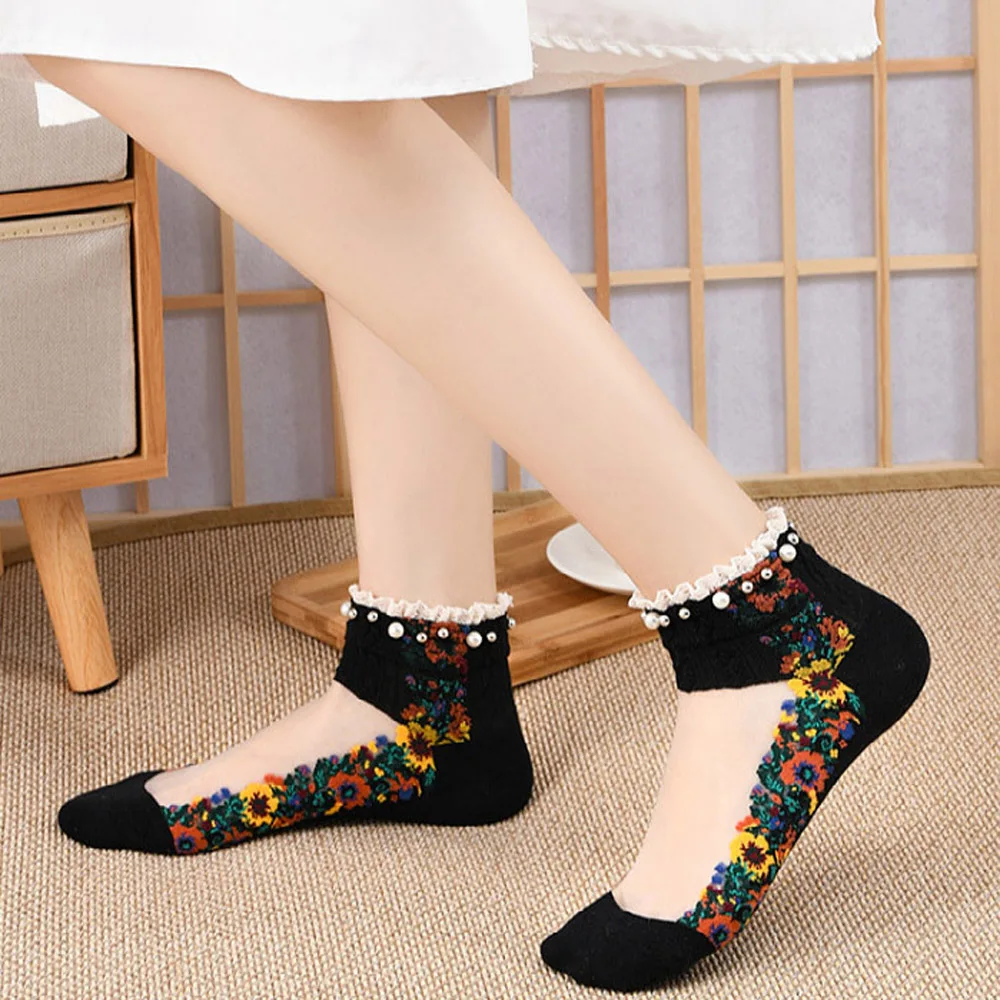 

Transparent Fashion Spring Shallow Mouth Pearl Mesh Embroidery Flowers Socks Boat Socks Short Socks Hosiery