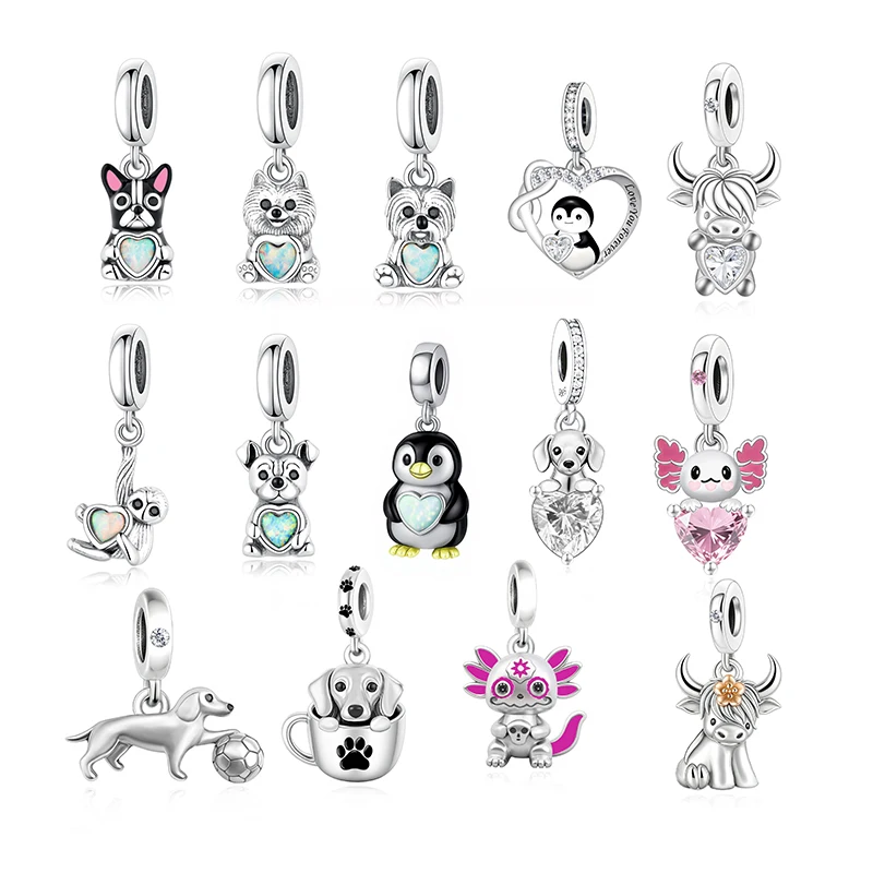 Abalorio Original Huoonew Fit para Pulsera, 100% Plata 925, Pequeño Perro, Vaca de las Tierras Altas, Ajolote, Pitbull, para Hacer Joyas, Berloque DIY para Mujer