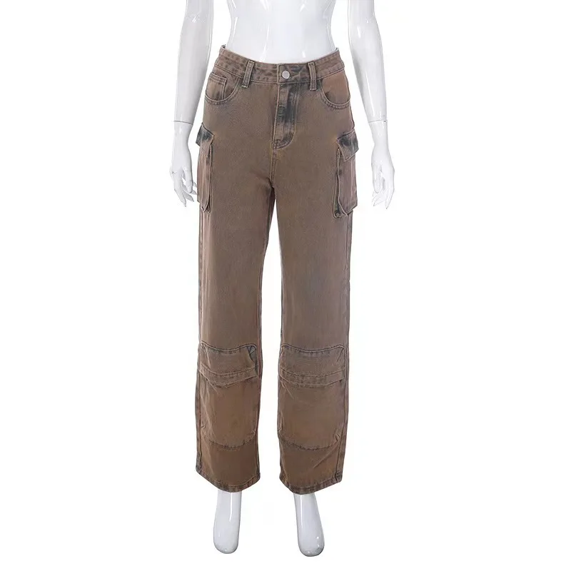 Tie-dye Denim High-waisted Straight Splicing Multi-pocket Trendy Street Tooling Trousers Women