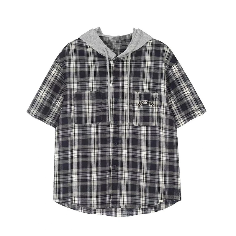 Damska koszula z kapturem w kratę Harajuku Vintage Krótki Rękaw Y2K Bf Bluzka Casual Luźna Amerykańska Streetwear Kieszenie Litery Damskie Topy