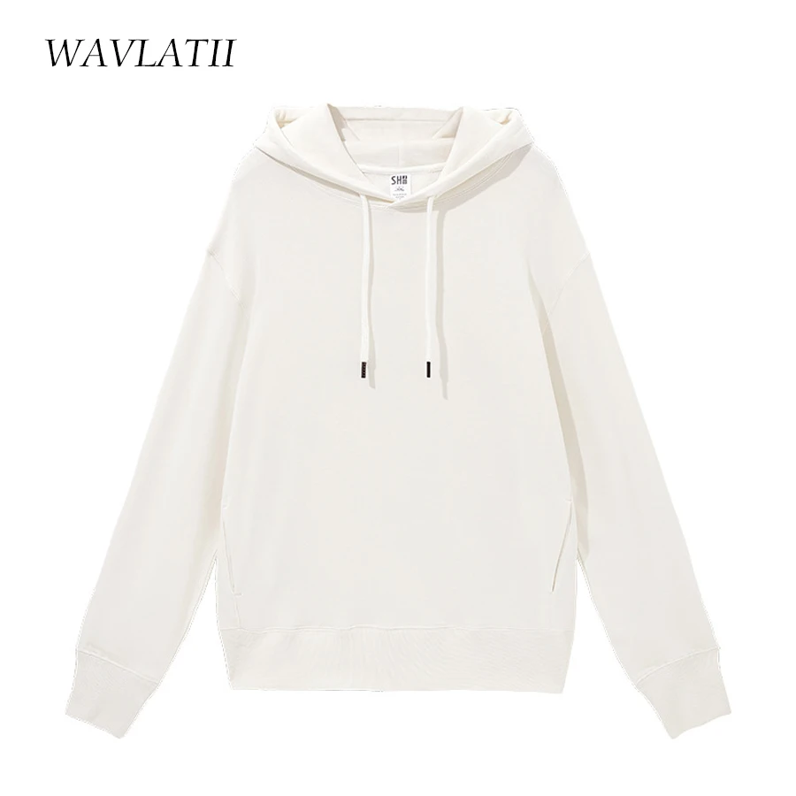 WAVLATII Women New Cotton Terry Hoodies Female Green Khaki Oversized Hooded Sweatshirts Lady Casual Solid Tops for Spring WH2201