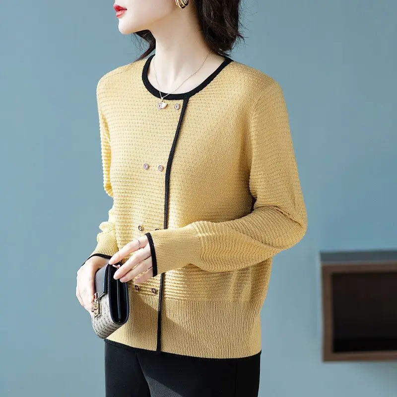 Spring Autumn Women\'s 2024 New Spliced Pullover O-Neck Button Screw Thread Fashion Solid Color Casual Long Sleeve Knitted Tops