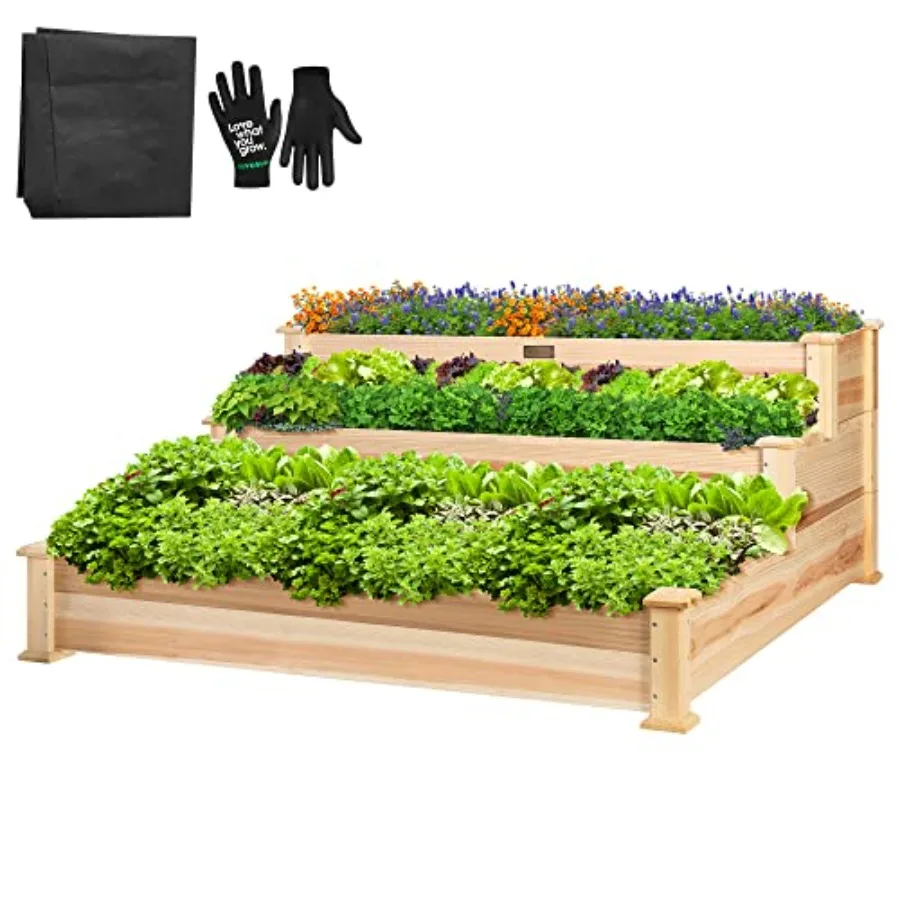 Outdoor 3-Tier Raised Garden Bed Planter Box Kit, Wood, Natural Brown, Sturdy Stackable Design for Easy Planting and Harvesting