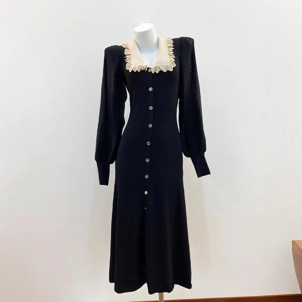 CHUJIE 秋冬春新作 フレンチスタイル ファッション エレガントドレス 高級感 ニットロングワンピース パフスリーブ付き