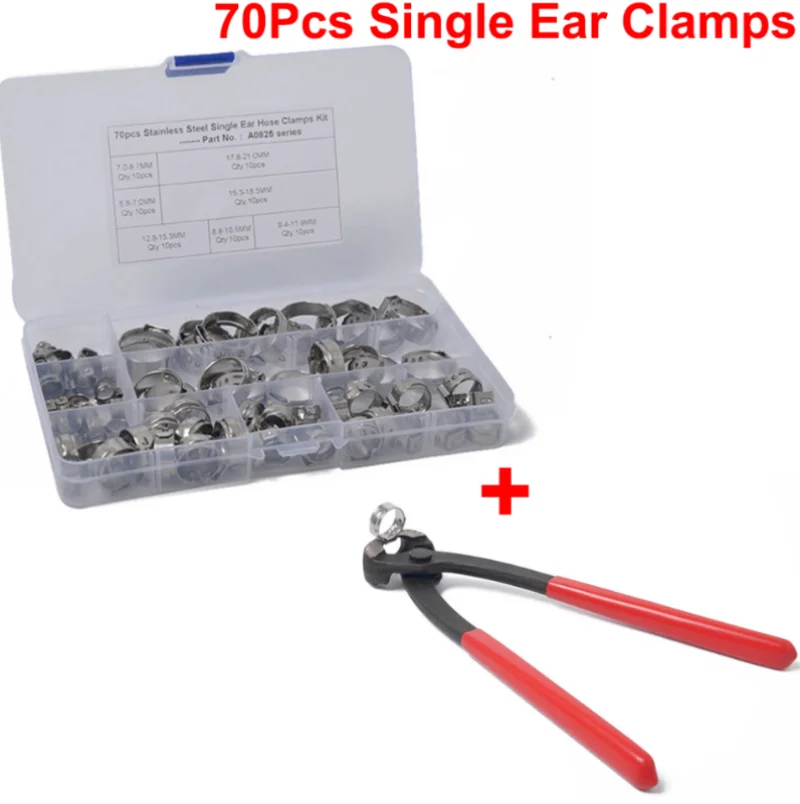 

70PCS Stainless Steel Single Ear Hose Clamp with Plier Stepless Tightening Ring Crimping Pex tube Clamps Fastene