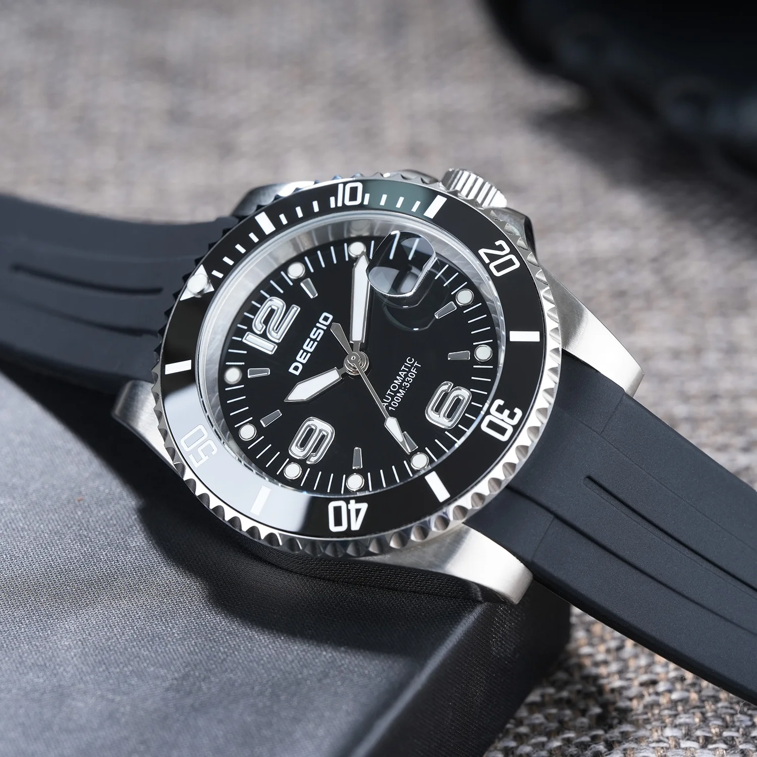 DEESIO Men Mechanical Watch Automatic Self-Winding Wristwatch 316L Stainless Steel Case Upgrade 100M Waterproof Luminous Date Calendar Display Sport Silicone Strap Mineral Glass Male Business Casual Luxury Sporty Daily Wear Analog Dress Hot Gift Watches