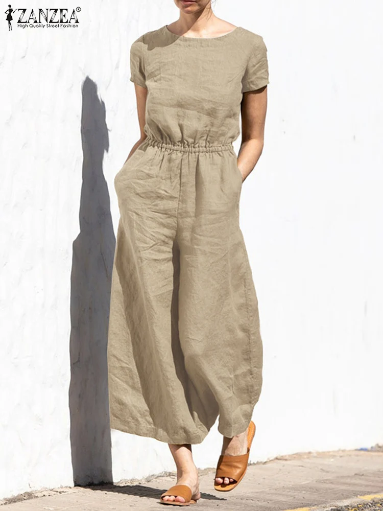 Women Short Sleeve Solid Loose Wide Leg Jumpsuits ZANZEA Fashion Summer Rompers Elastic Waist Long Playsuits Casual Overalls