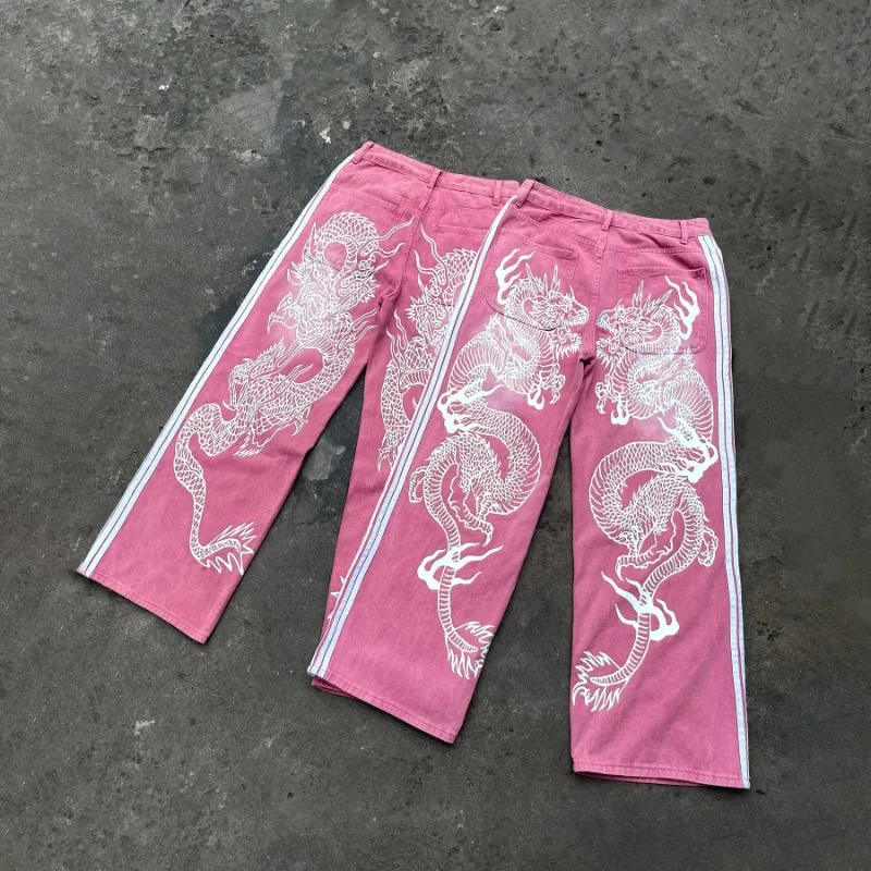 

Y2k New Men Baggy Jeans Retro High Street Fashion Classic Stripe Embroidery Graphic Jeans Unisex Brand Straight Long Denim Pants
