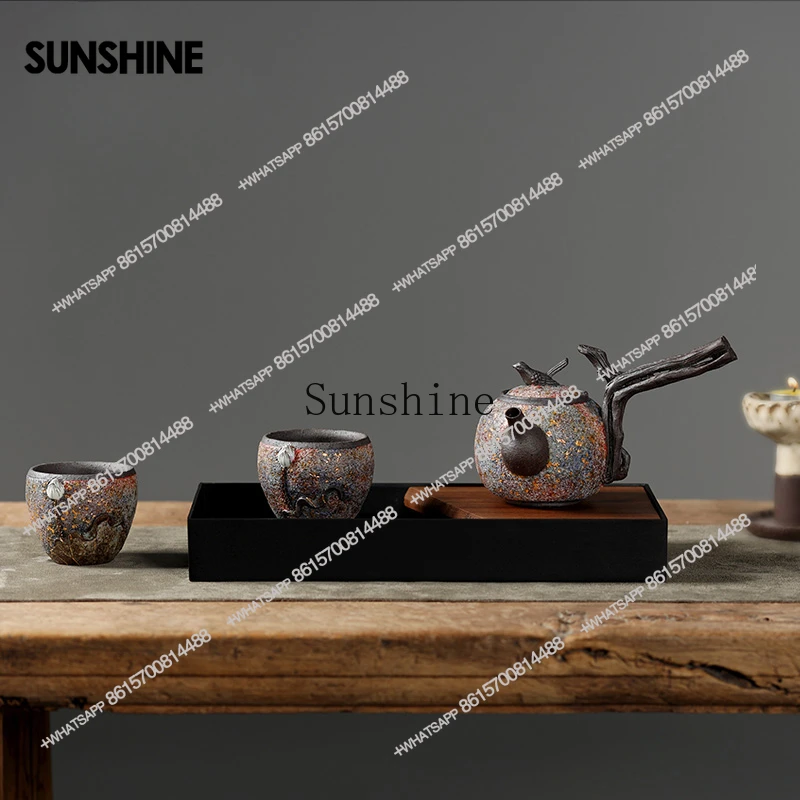 Japanese rock mine side handle pot Takayoshi handmade firewood tea set teapotX