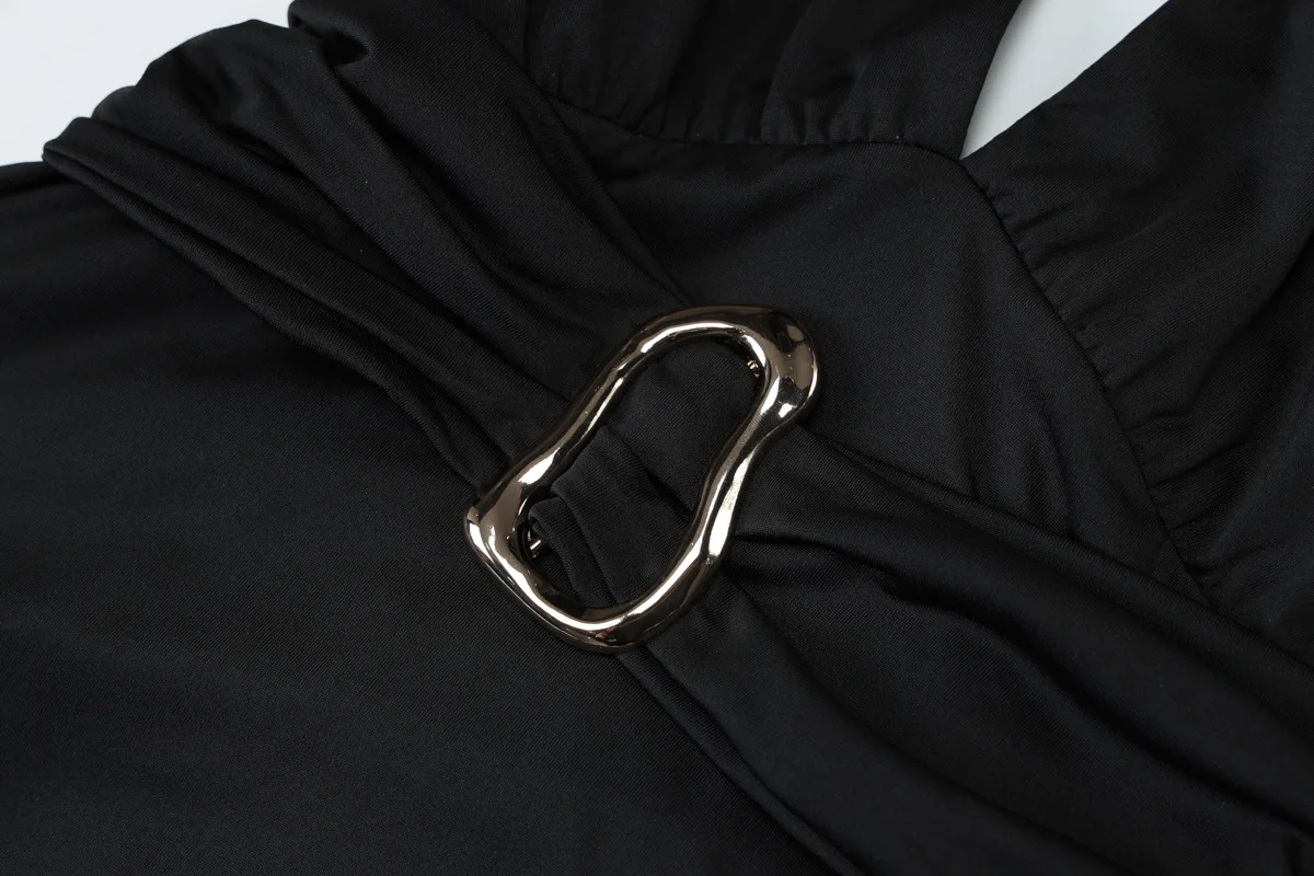 Metal Buckle Ruched Irregular Midi Party Dress Women Fashion Solid Deep V-neck Lace Up Halter Backless Slim Holiday Beach Robes