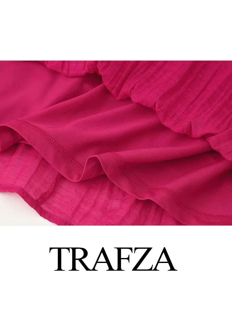 

TRAFZA Women Summer Fashion Pleated Decoration Backless Sleeveless Sling Short Top+Elastic Waist Bow Lace-up Midi Skirt Set