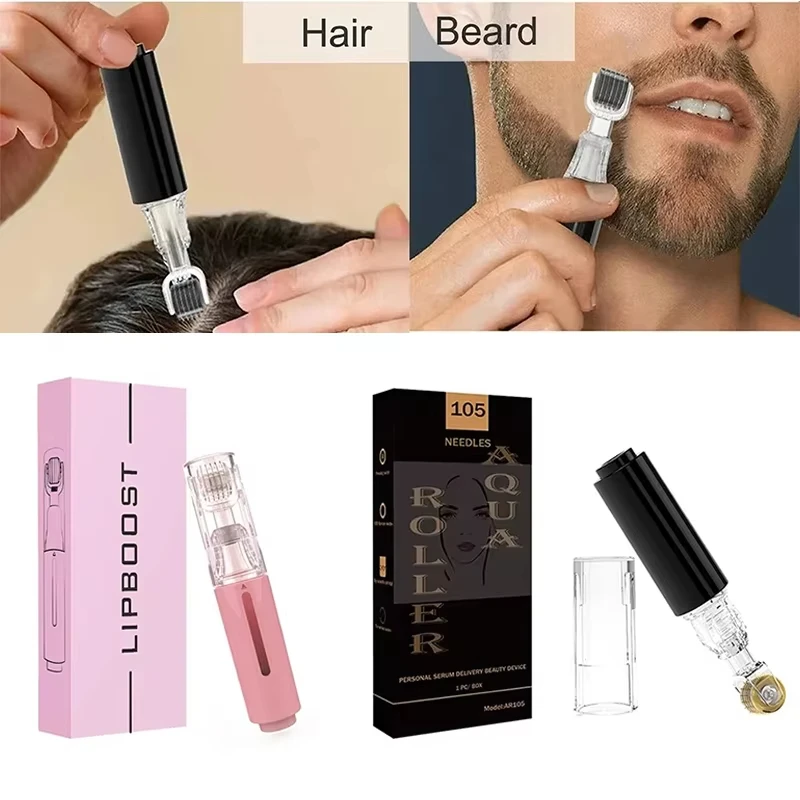 Rodillo Derma Microneedle de 105 pines, rodillo de aguja de titanio, rodillo de labio, rodillo de crecimiento de barba, herramienta de belleza portátil para mujeres y hombres