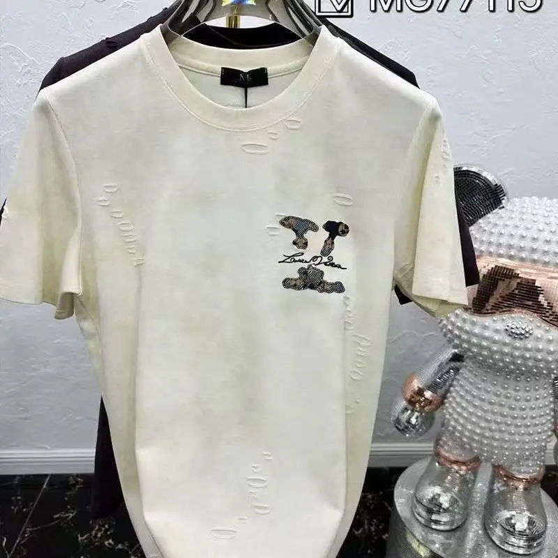 Summer new 2025 short-sleeved versatile trendy brand embroidered ripped men's top loose casual round neck