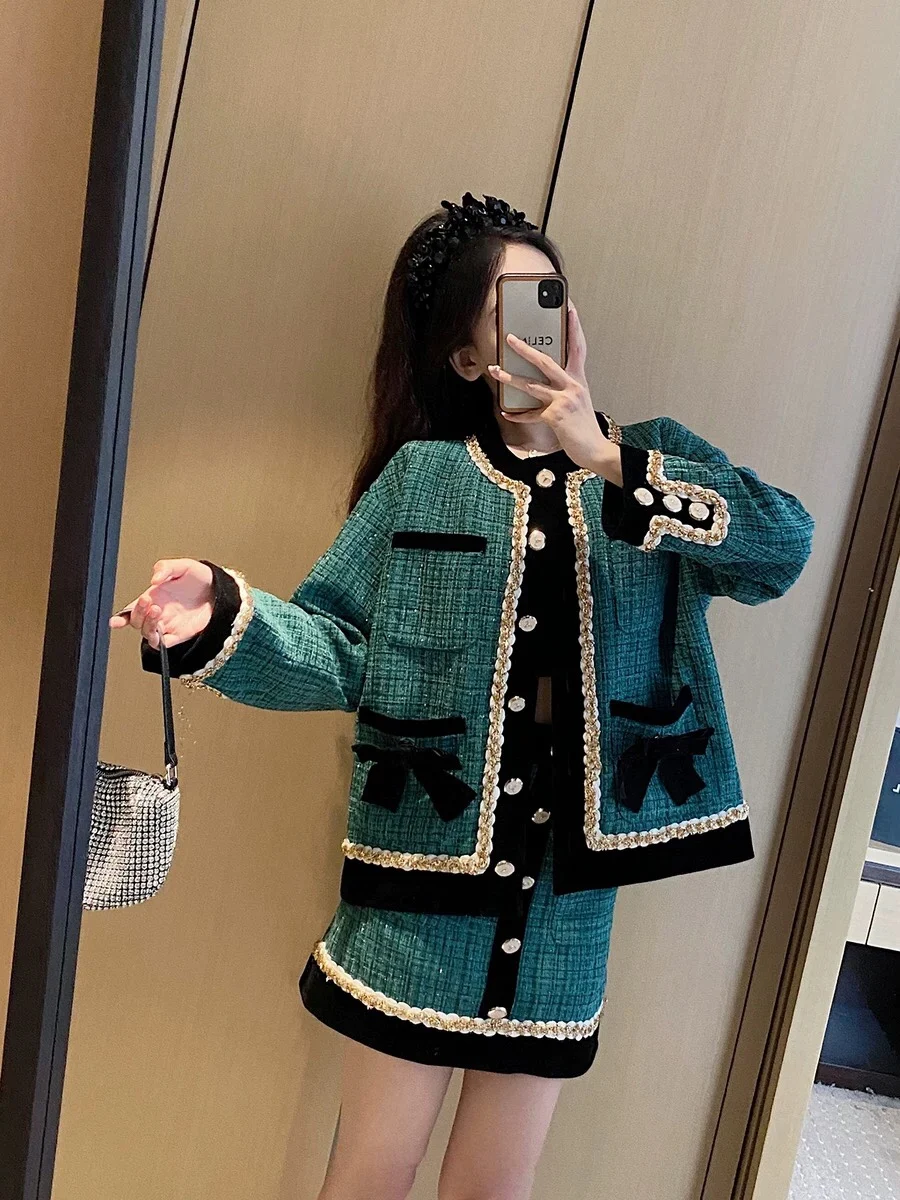 Elegant green Tweed Suits for Women High quality Pearl Button Embroidery Short Coat Irregular Skirts Two piece Crop Top Set chic