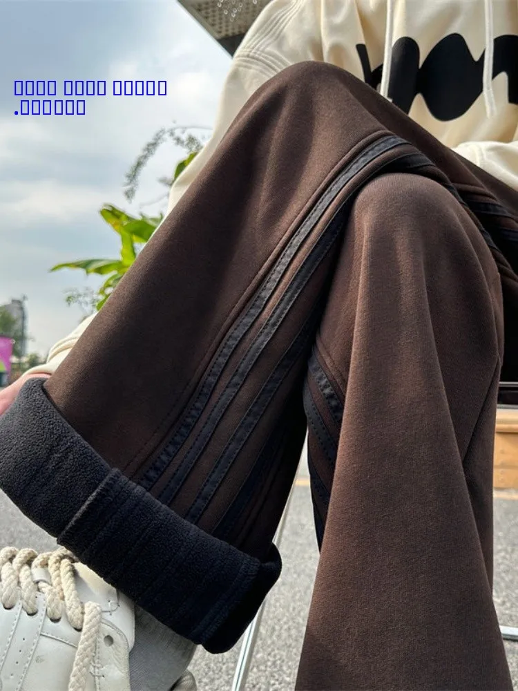 

Мужские зимние утепленные брюки с флисовой подкладкой, в полоску, с тканым поясом, спортивные, в американском ретро-стиле, молодежные, повседневные, прямого кроя