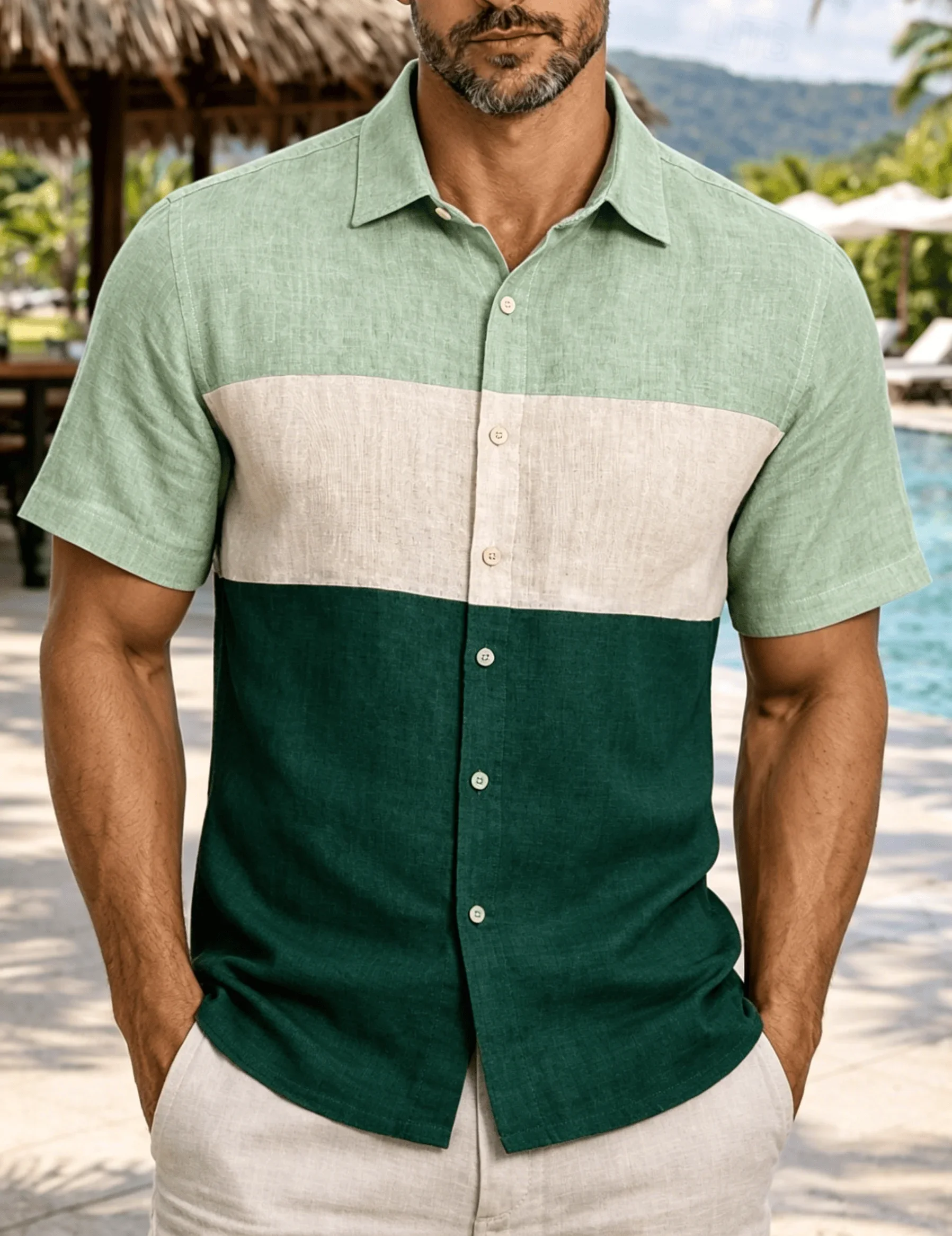 Men's Earth Tone Horizontal Stripe Shirt, Casual Color-Block for Spring and Summer, Beach Vacation Casual Wear for Men