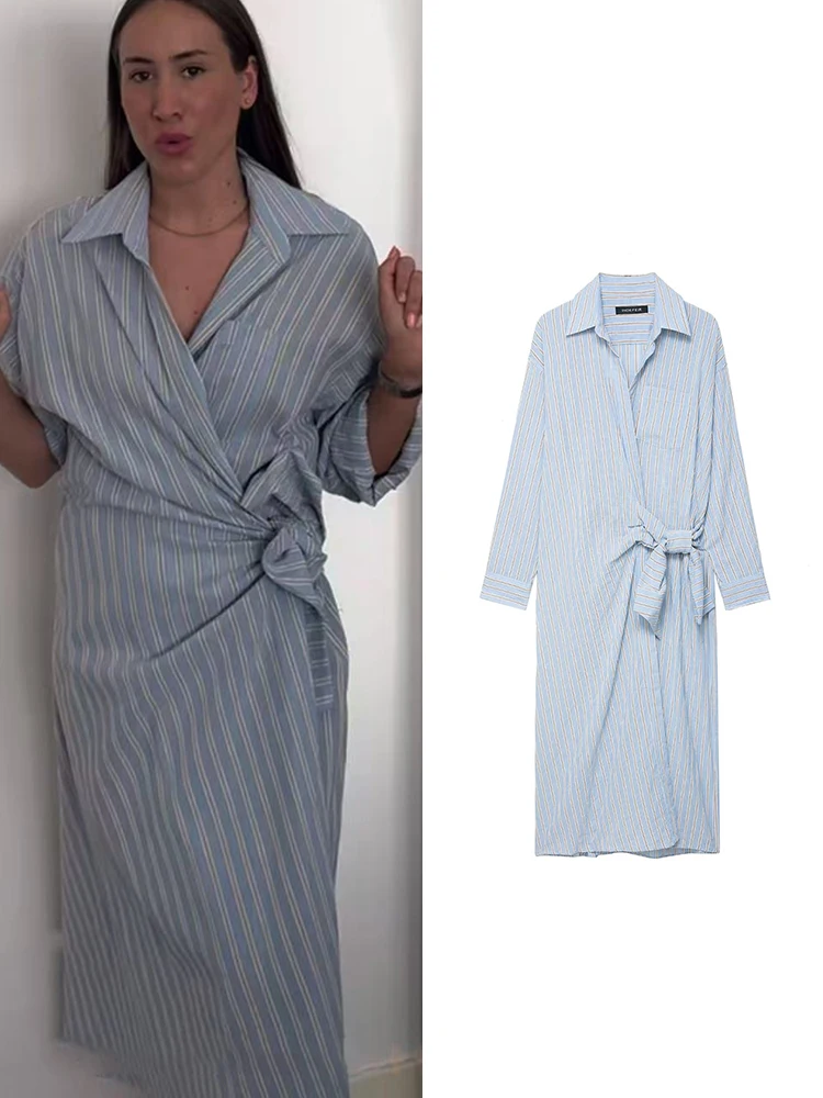 TFMLN Gestreepte Blauwe Shirt Jurk Voor Vrouwen Chic Side Tie Lange Mouw Midi Jurken 2025, Nieuwe Casual Elegante Vrouwelijke Lange Jurk