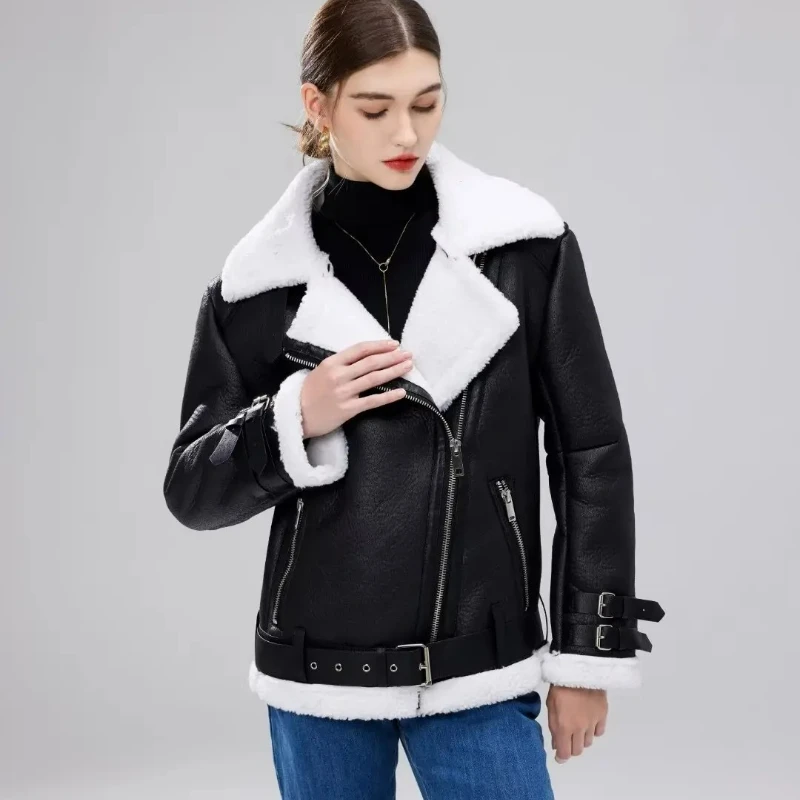 

Новая зимняя меховая интегрированная женская модная утолщенная теплая кожаная куртка на молнии с лацканами и подкладкой из шерпа, пальто из искусственного меха
