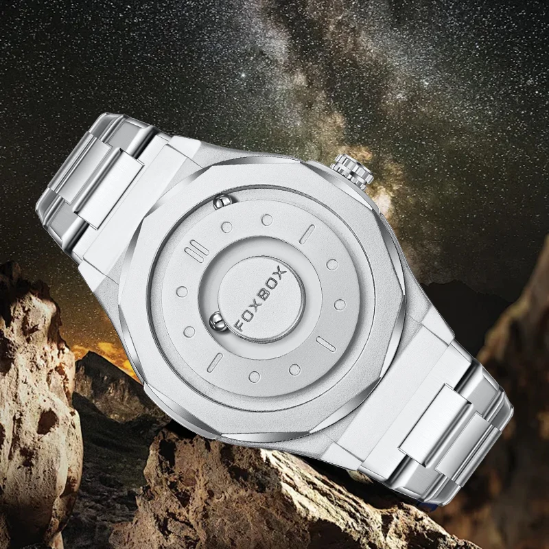 FOXBOX Luxury Fashion Quartz Watch Creative Dial Business Stainless Casual Sport Waterproof Scrolling Beads Watches for Man Gift