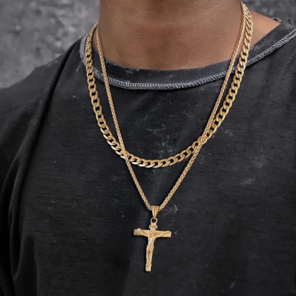 Stainless Steel 2pcs/set 6mm Cuban Chain with Cross Pendant Necklaces Set for Man Woman 18/20/22 Inches Chains Jewelry Gift Set