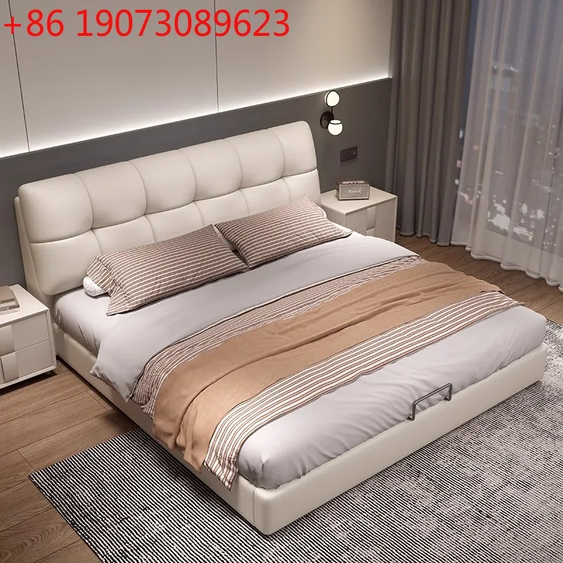 

Кожаная кровать, французский кремовый стиль, современная простая и легкая роскошь, главная спальня, двуспальная кровать для хранения вещей.