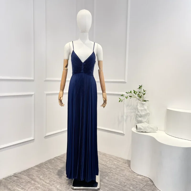 2023 New Green Solid Spring Summer High Quality Blue Color Elegant Pleat Backless Lace-up Sleeveless Woman Long Dress for Party