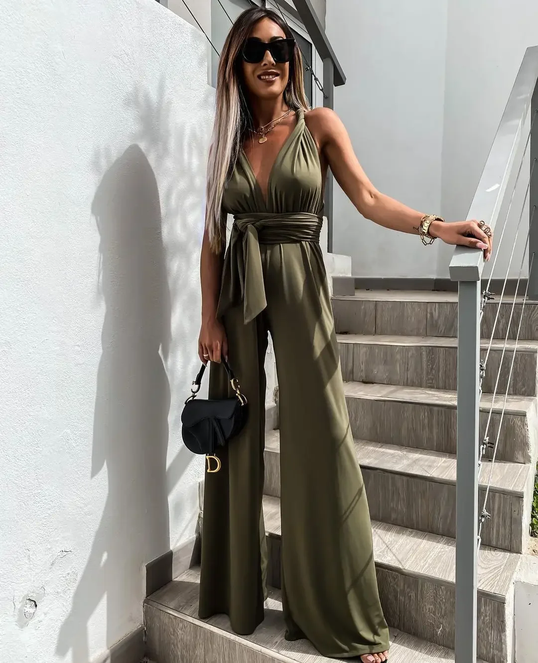 Backless Fashion Casual Streetwear Wide Leg Overall Hollow Out Sleeveless Solid Bandage Rompers Sexy Jumpsuits Women Summer New