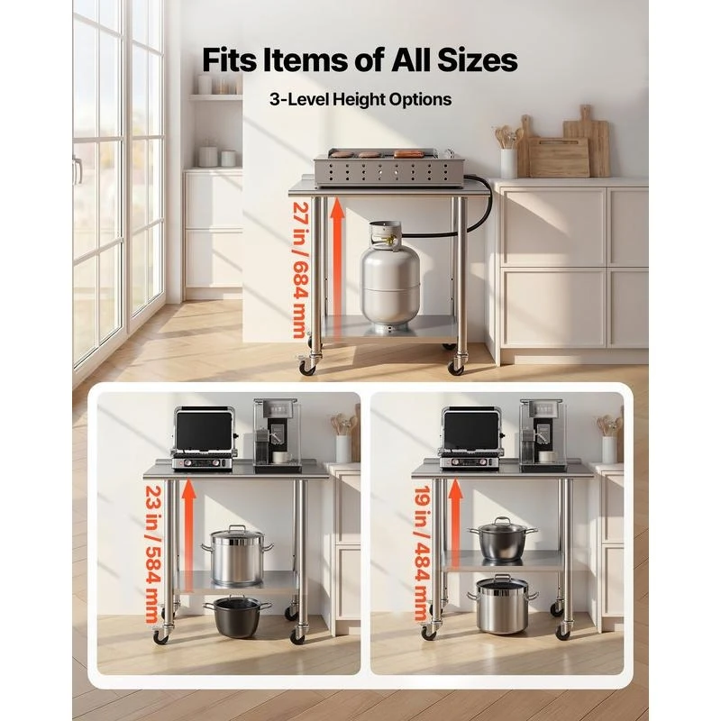 Stainless Steel Work Table, 24x36 inch Food Prep Table with Wheels and Backsplash, Commercial Kitchen Workstation with Adjustable Undershelf, Metal Utility Worktable, for Restaurant Home Outdoor - view 5