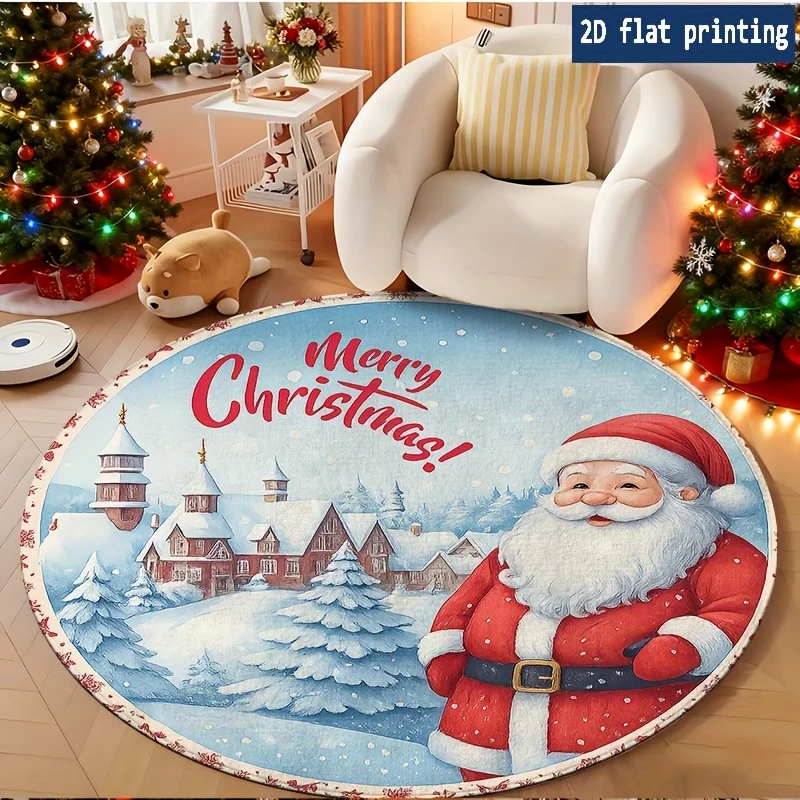 1pc Merry Christmas Santa Snow Village Pine Tree Round Rug for Bedroom Bedside Living Room Sofa Chair Entry Floor Mat Giftbox