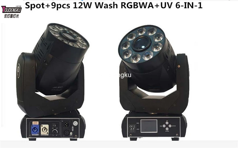 

2 штуки светодиодных вращающихся прожекторов Spot LED Moving Head Wash 75W + 9*12W 6-в-1 RGBWA UV, DMX, для сцены и вечеринок