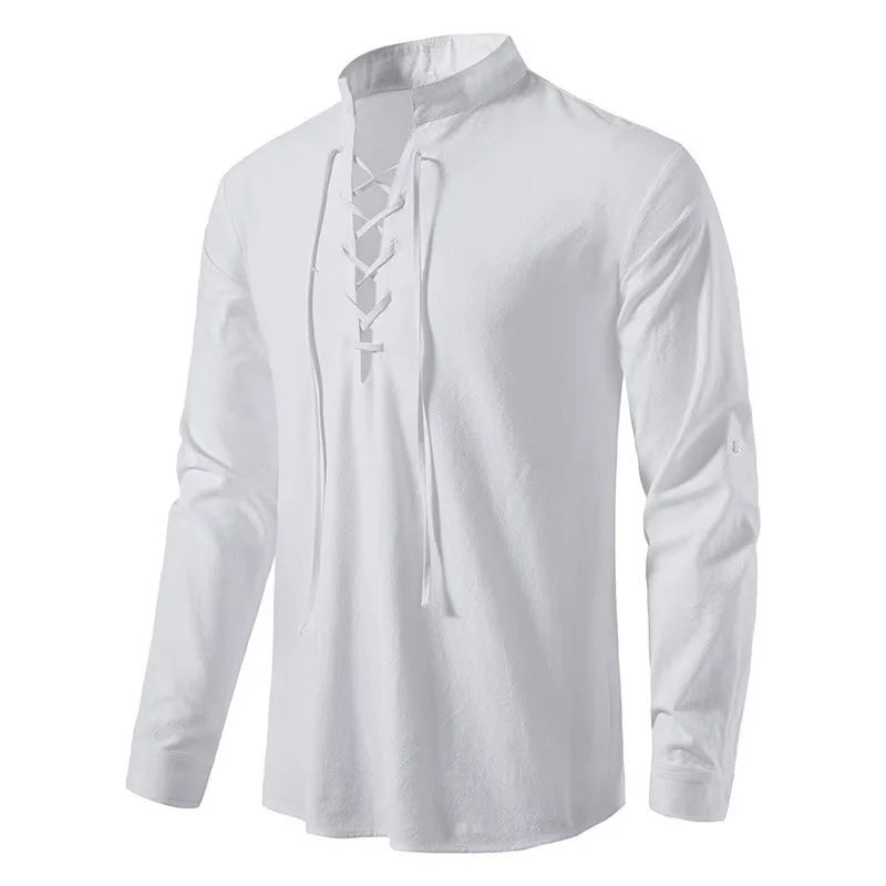 Men's All-Cotton Henley Shirt, Easy-Care, Long-Sleeved Stand-Up Collar Shirt, Suitable for Business Casual, Outdoor Activities, Breathable, Sweat-Wicking, Does Not Stick to the Body after Sweating