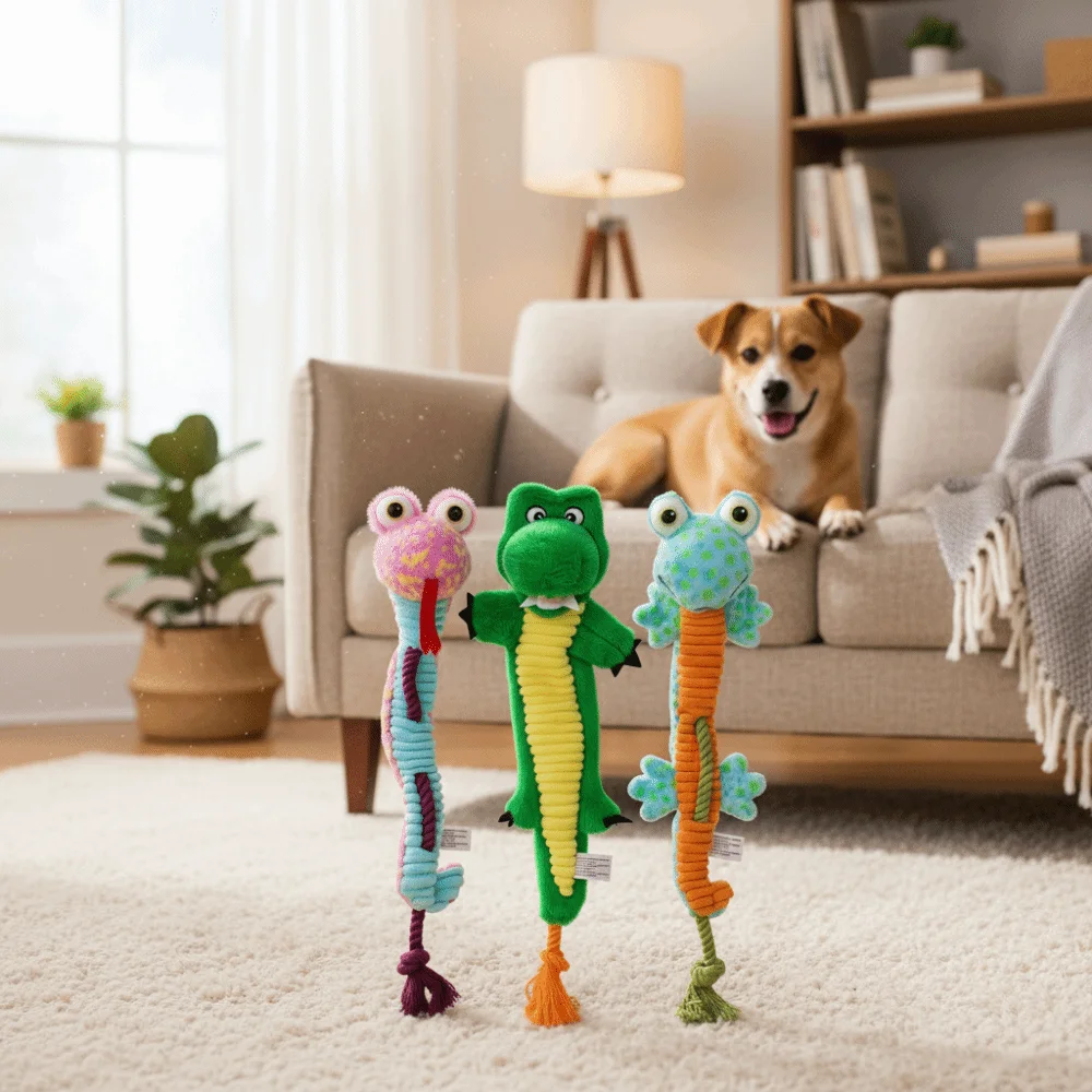 

Soft Plush Squeaky Dog Chew Toys Durable Warm Chew Stuffed Crocodile Toy Squeaky Rope Plush Knot Chew Proof Dog Toy