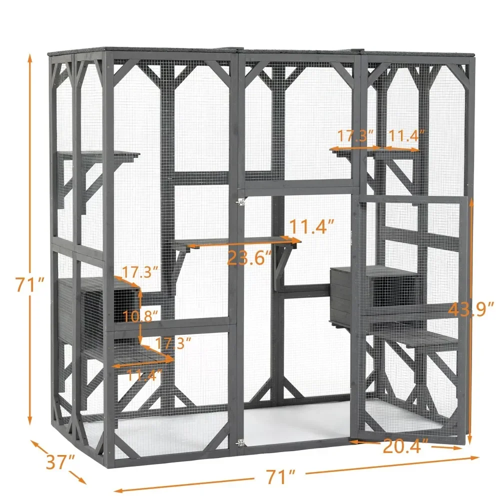 Outdoor Cat House Wooden Catio Enclosure w/Cover- Large Cat Cage with Jump Platforms and Condos, Weatherproof Grey