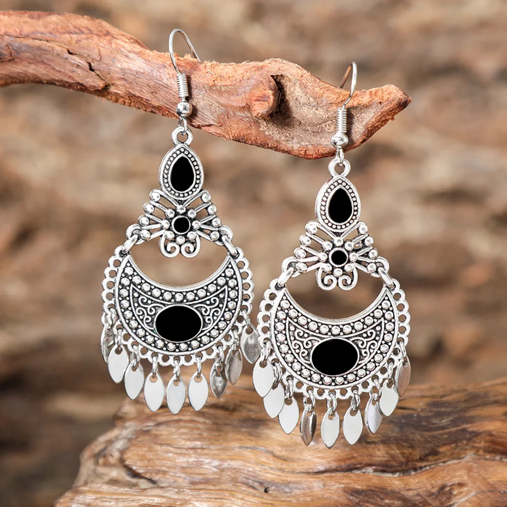 New Retro Crescent Moon Tassel Earring for Women Antique Silver Bronze Flower Gypsy Dangle Earrings Statement Boho Jewelry