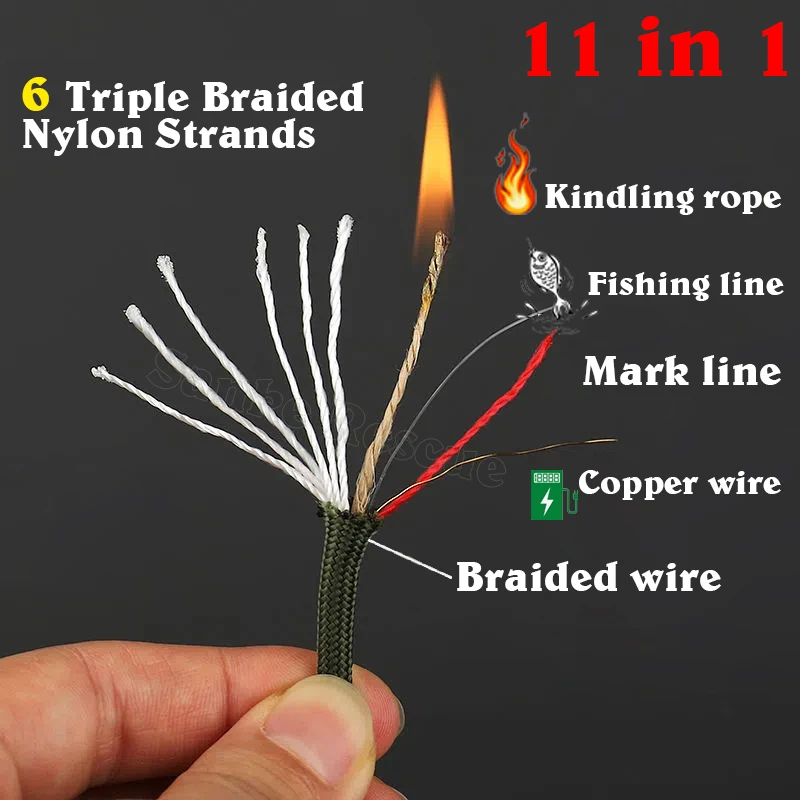 Paracord 서바이벌 낙하산 파이어 코드 생존 로프, 통합 낚싯줄 파이어 스타터 틴더 포함, 11 인 1 미국 군용 유형