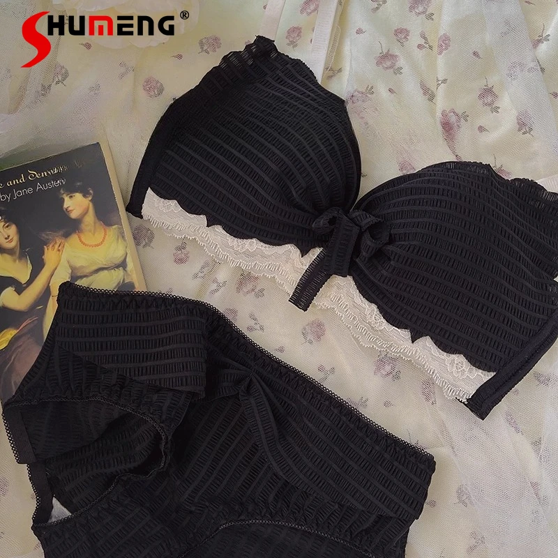 

French Style Sexy Push Up Bra Set for Women Enhancing Pure Desire Breathable Intimates Female Wireless Lace Sweet Brief Suits