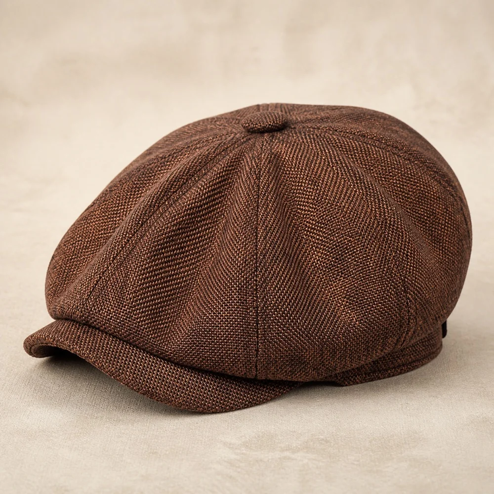 Men's Coffee Brown Eight-Panel Newsboy Cap, Lightweight Ivy Flat Hat, 56-60 cm, Spring Summer Travel, Casual Wear, Vintage Style