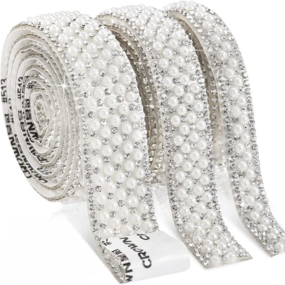 Self Adhesive Crystal Rhinestone Sticker DIY Pearl Drill Tape Crystal Gem Strip Car Phone Camera Decoration