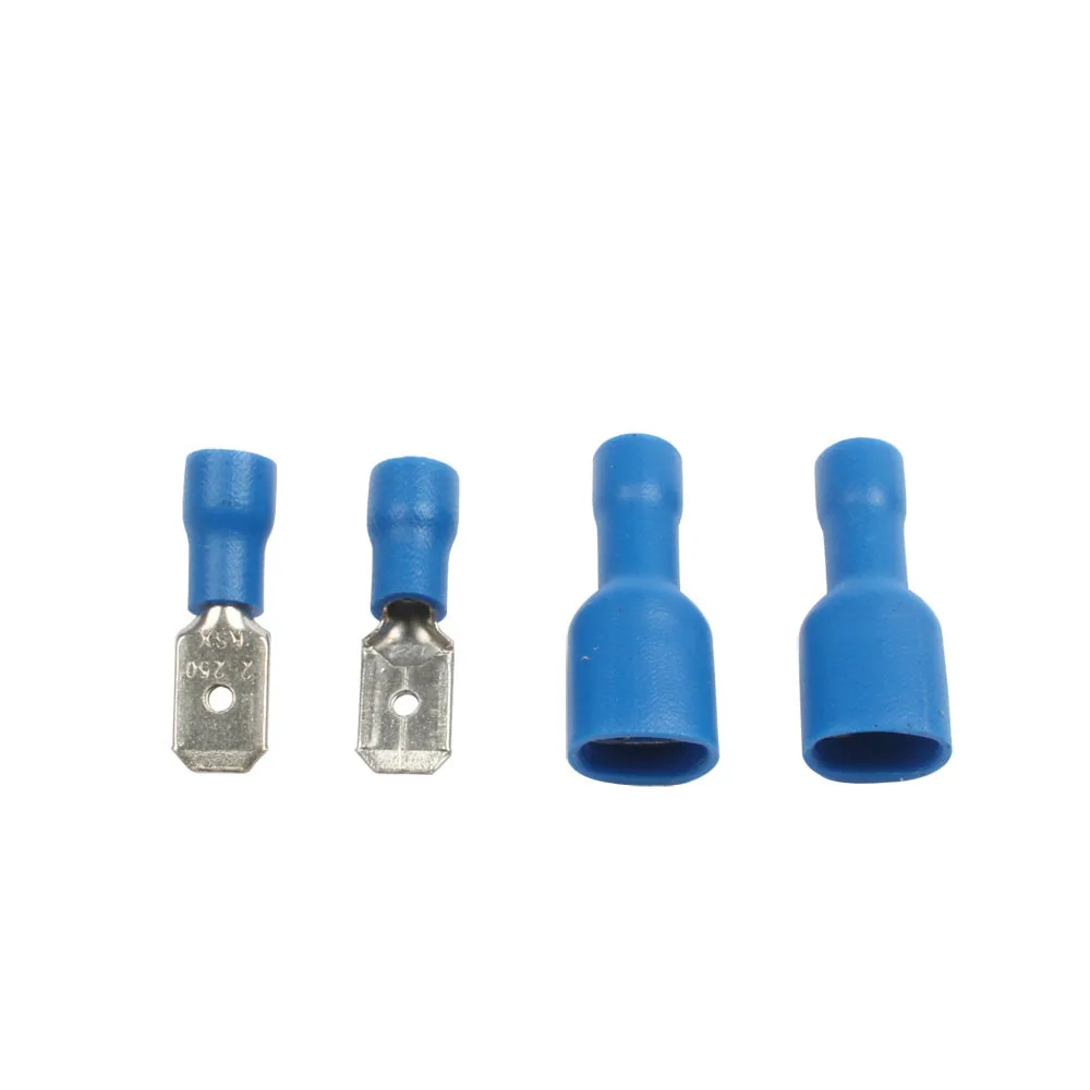 100pcs 50pairs 6.3mm 16-14AWG Female Male Electrical Wiring Connector Insulated Crimp Terminal Spade Blue FDFD2-250 MDD2-250