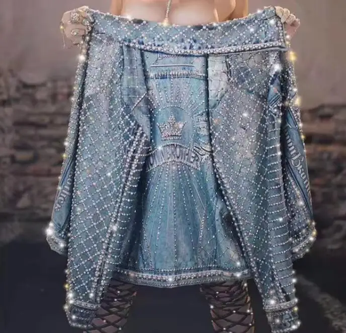 

Jeans Jacket Women Dance Coat Shiny Rhinestone Cover DJ Nightclub Stage